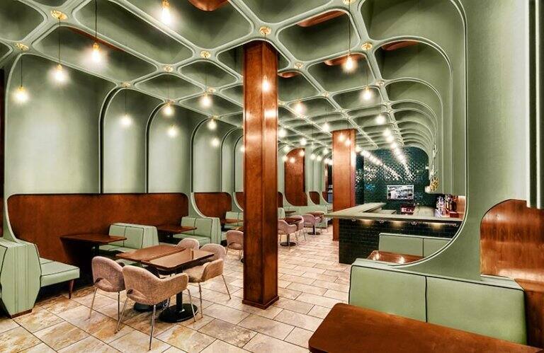 纽约bluarch茶饮店空间设计用马卡龙绿打造品牌识别性